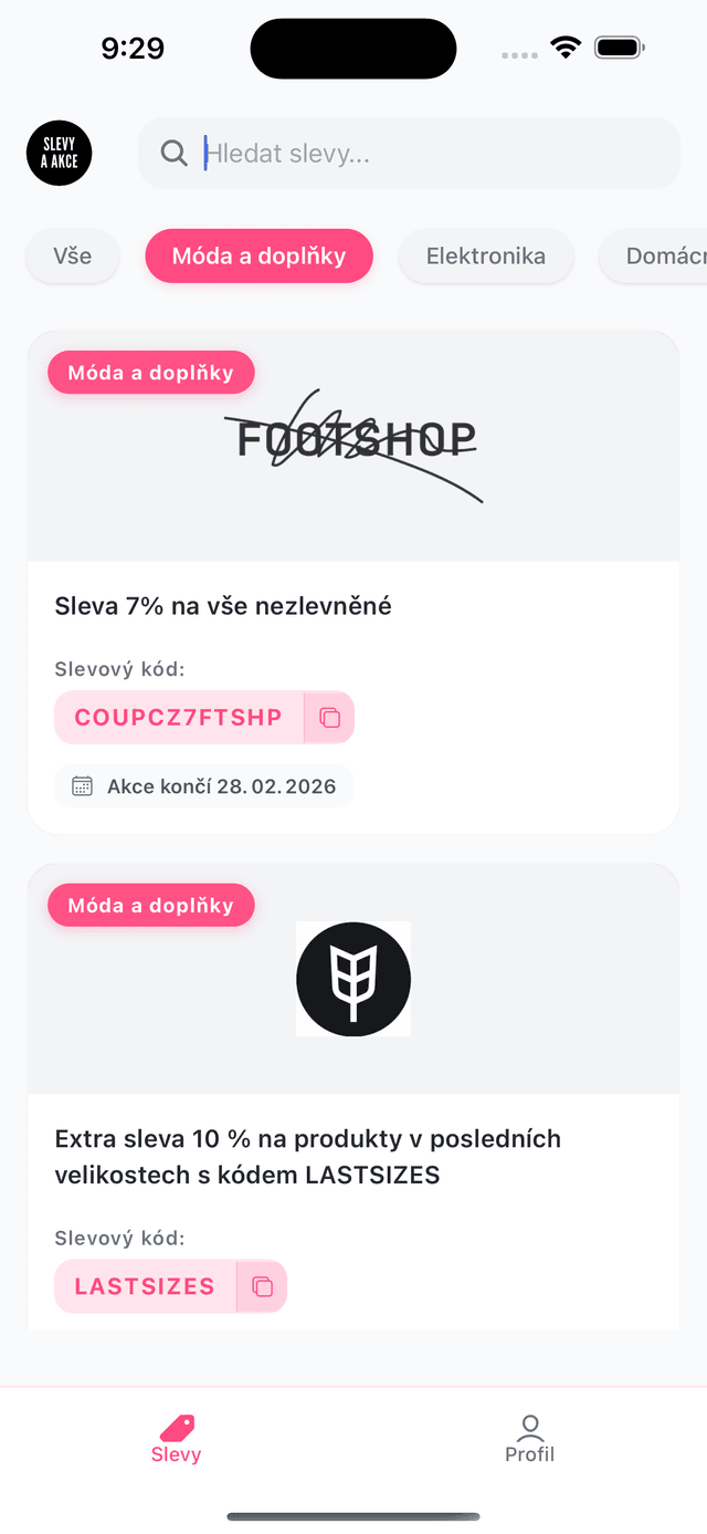 Filtrování v aplikaci Slevy a Akce