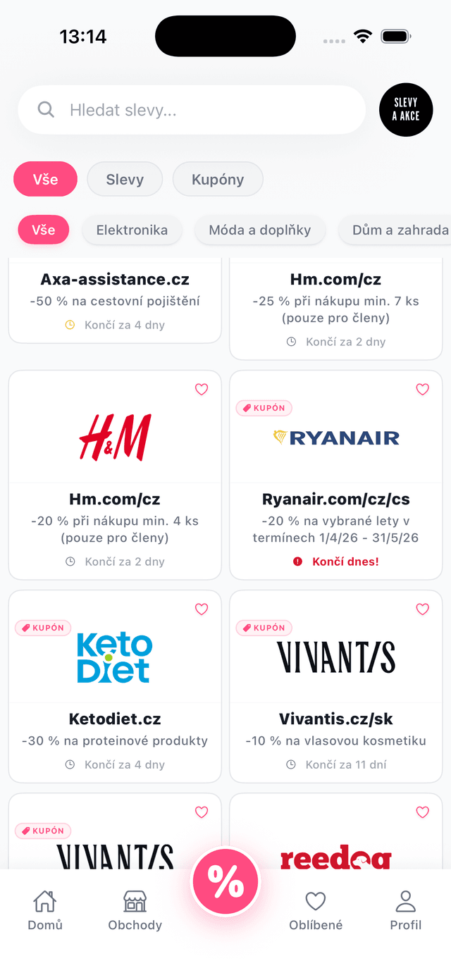 Přehled slev a kupónů v aplikaci Slevy a Akce