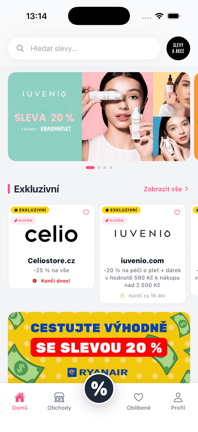 Personalizovaná úvodní obrazovka aplikace Slevy a Akce